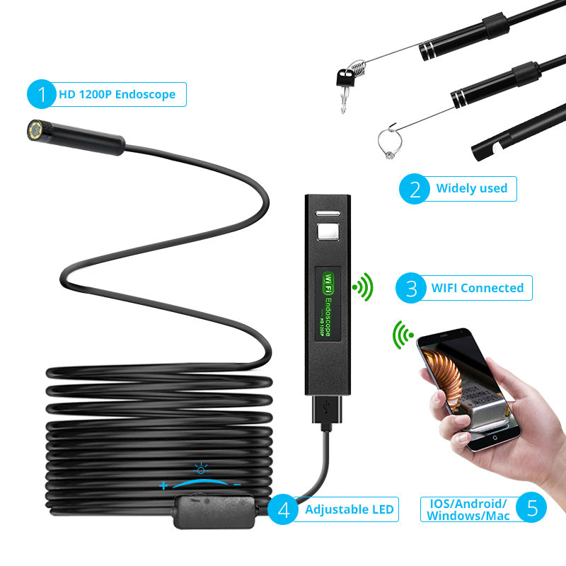 WiFi Endoscope Camera 1200P Hard Cable 8mm 8 LEDs Android IOS Control Inspection Waterproof Mini Camera For Cars Fishing