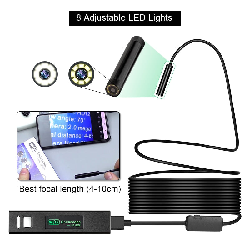 WiFi Endoscope Camera 1200P Hard Cable 8mm 8 LEDs Android IOS Control Inspection Waterproof Mini Camera For Cars Fishing