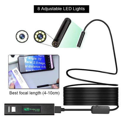 WiFi Endoscope Camera 1200P Hard Cable 8mm 8 LEDs Android IOS Control Inspection Waterproof Mini Camera For Cars Fishing