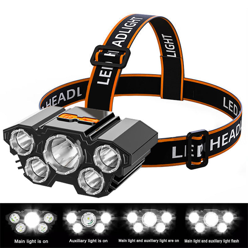 USB Rechargeable Headlamp Portable 5LED Headlight Built in Battery Torch Portable Working Light Fishing Camping Head Light