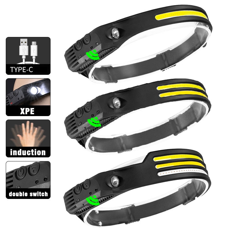 Sensor Headlamp COB LED Head Lamp Flashlight USB Rechargeable Head Torch 5 Lighting Modes Head Light with Built-in Battery