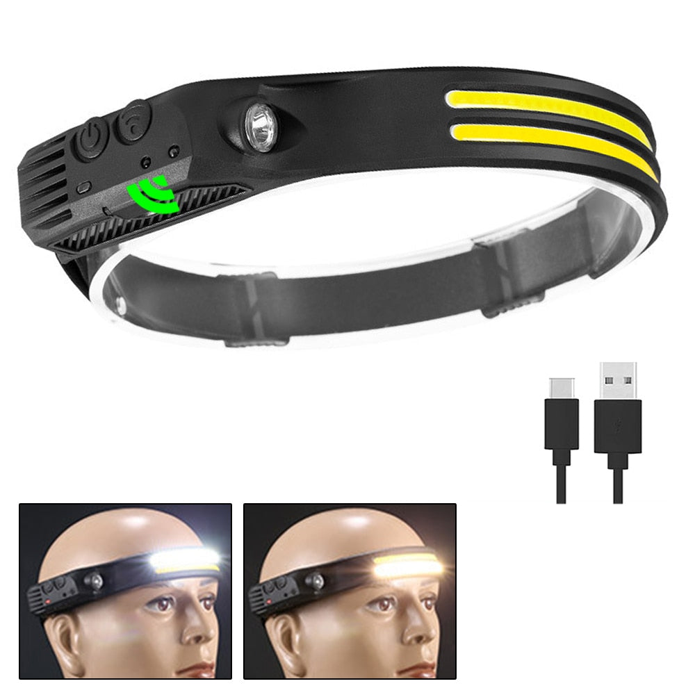 Sensor Headlamp COB LED Head Lamp Flashlight USB Rechargeable Head Torch 5 Lighting Modes Head Light with Built-in Battery