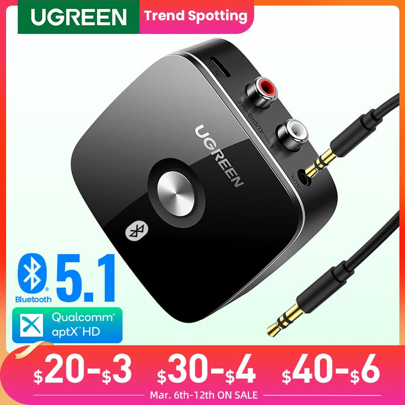 UGREEN Bluetooth RCA Receiver 5.1 aptX HD 3.5mm Jack Aux Wireless Adapter Music for TV Car 2RCA Bluetooth 5.0 Audio Receiver