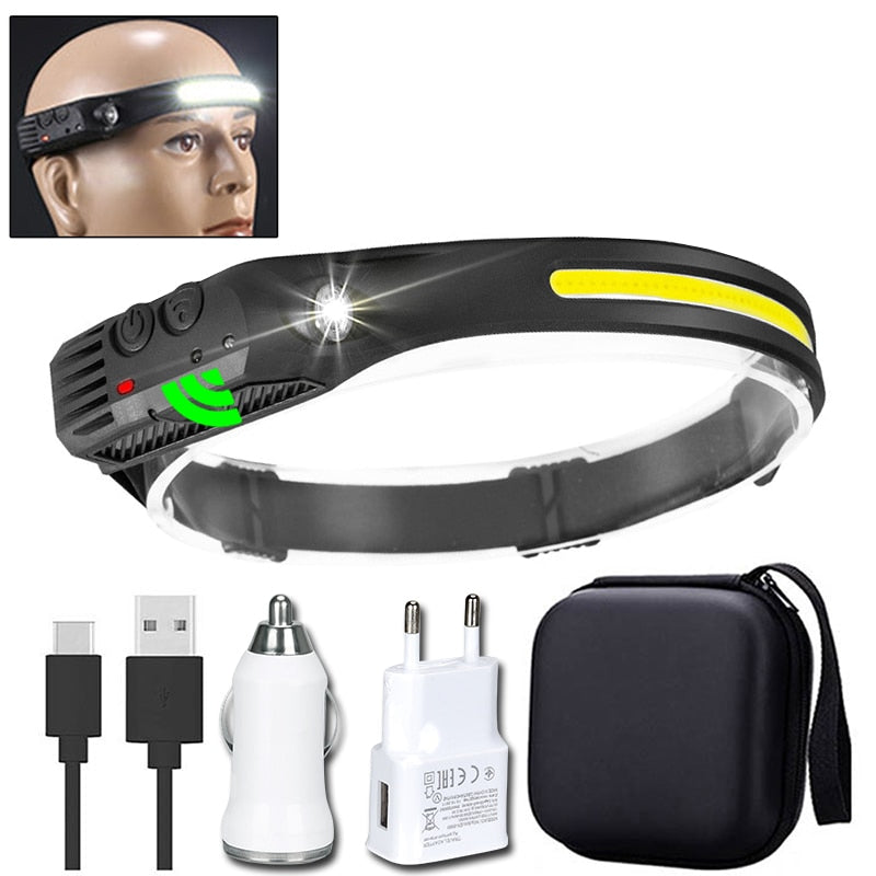 Sensor Headlamp COB LED Head Lamp Flashlight USB Rechargeable Head Torch 5 Lighting Modes Head Light with Built-in Battery