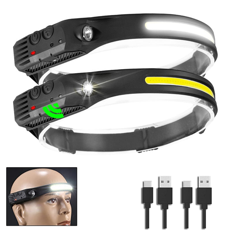 Sensor Headlamp COB LED Head Lamp Flashlight USB Rechargeable Head Torch 5 Lighting Modes Head Light with Built-in Battery