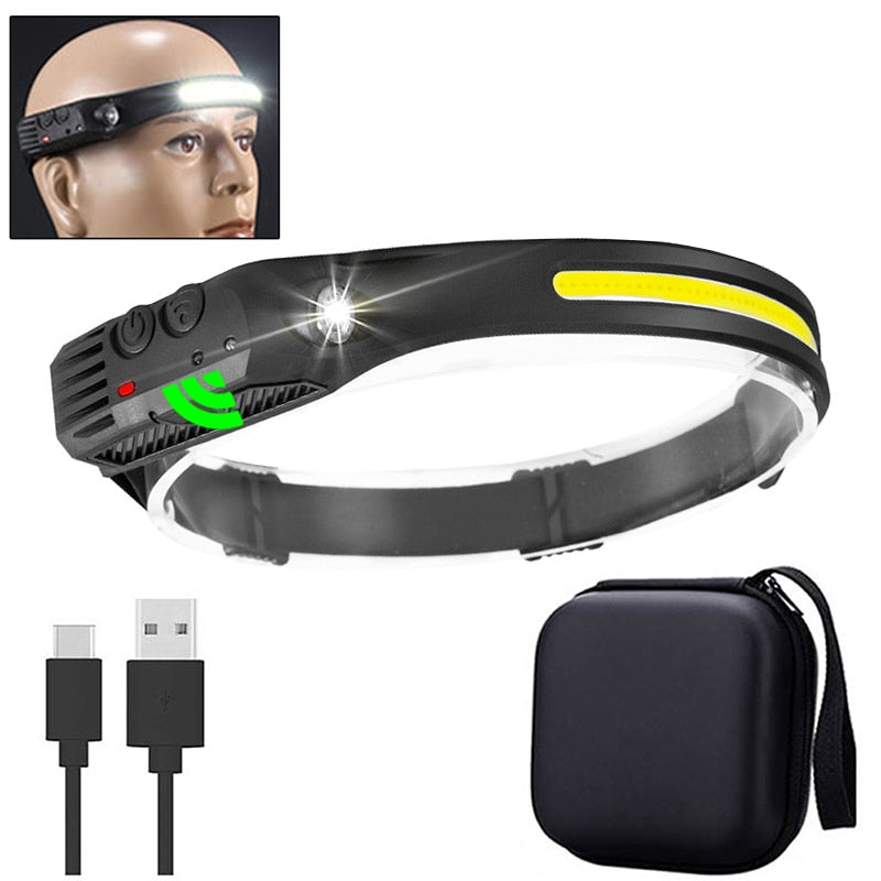 Sensor Headlamp COB LED Head Lamp Flashlight USB Rechargeable Head Torch 5 Lighting Modes Head Light with Built-in Battery