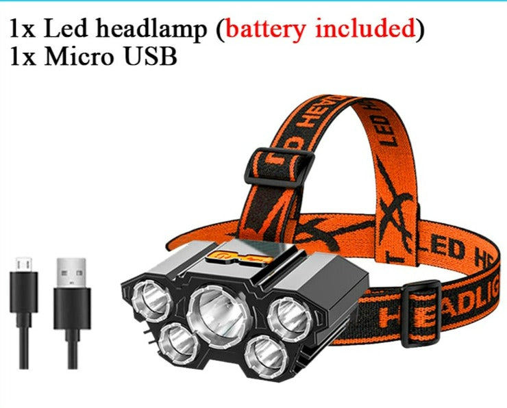 USB Rechargeable Headlamp Portable 5LED Headlight Built in Battery Torch Portable Working Light Fishing Camping Head Light